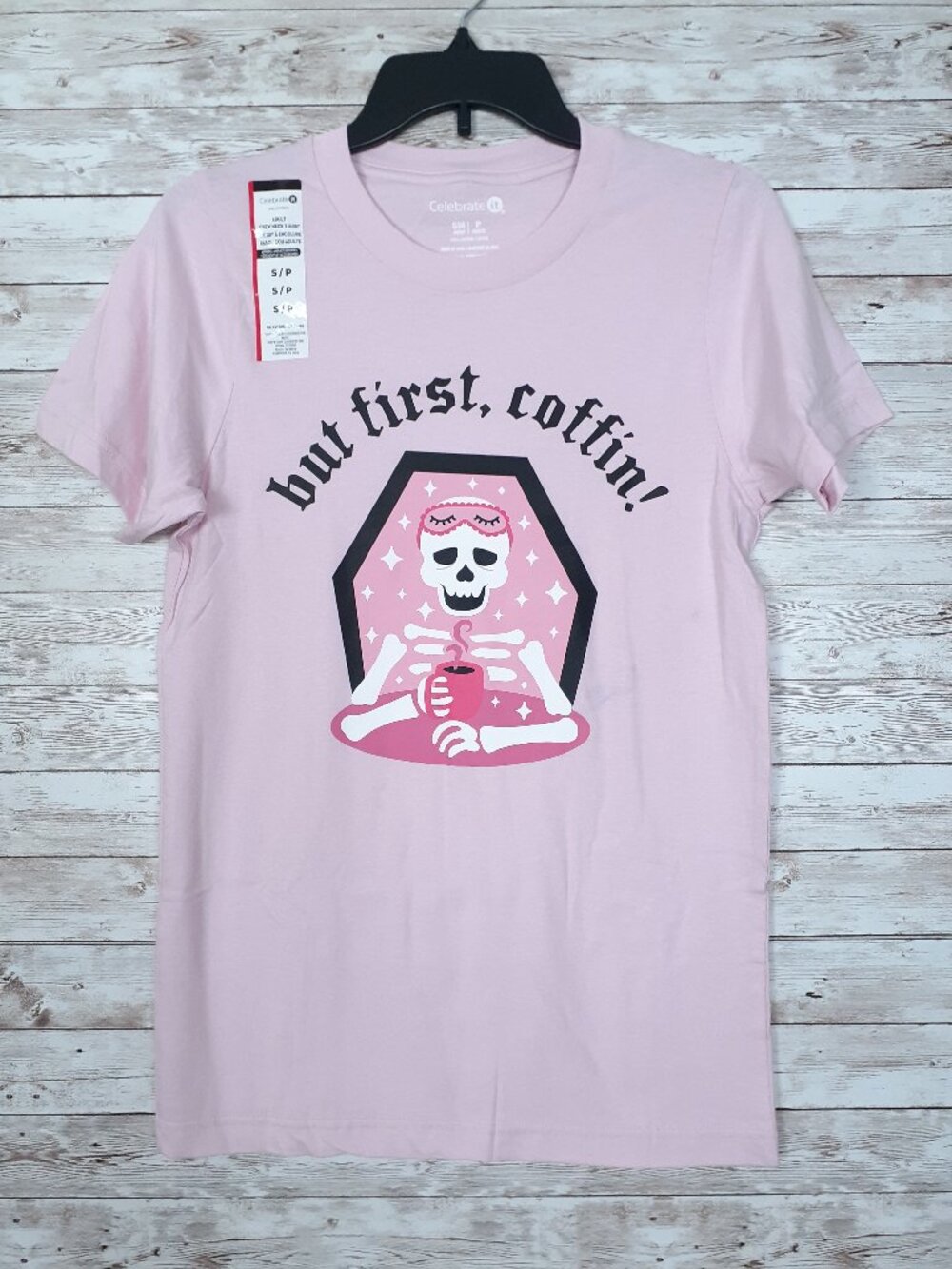 Womens Halloween Tee Top S Skeleton Pink But First Coffin Coffee Crewneck 969A